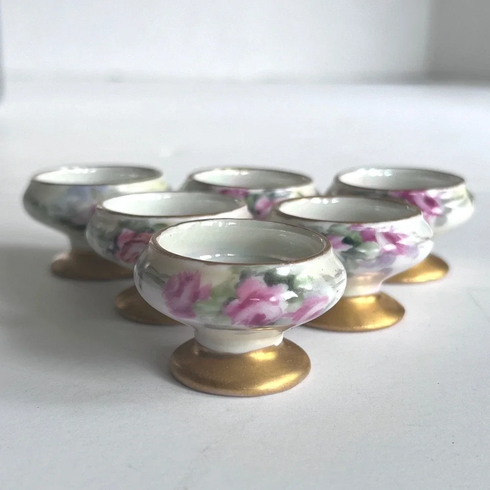 Vintage Hand Painted Porcelain Salt Cellars Set of 6 Pink Rose Gold Footed Bowls